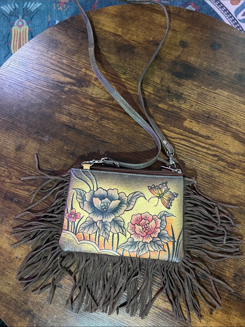 Genuine Leather Hand painted Fringed Floral Crossbody Bag - Brown Multicolor